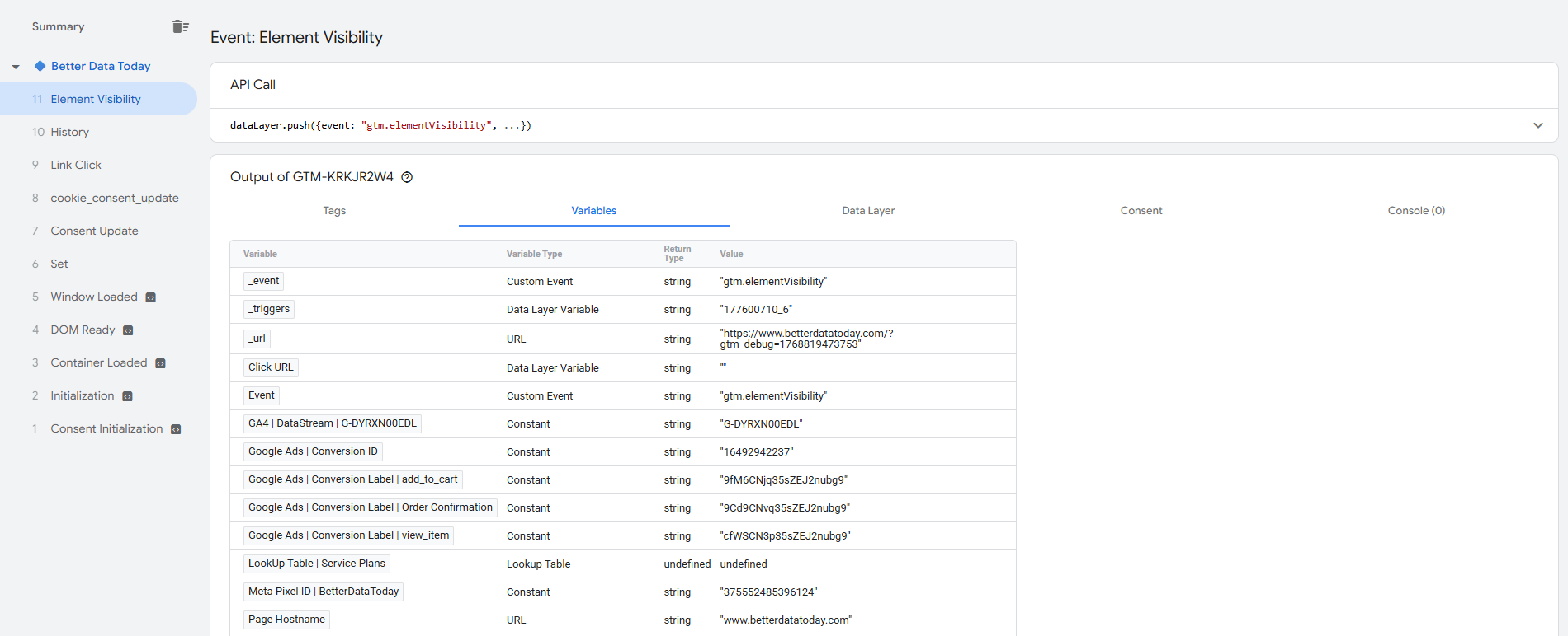 GTM Preview Variables tab listing all variables and their values for the selected event