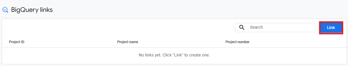 GA4 BigQuery links page with the blue Link button highlighted