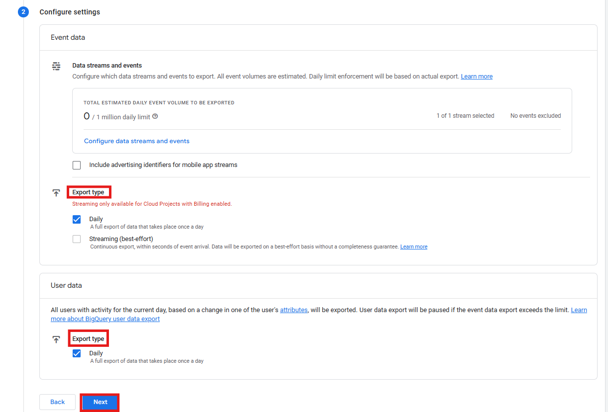 GA4 BigQuery link wizard showing the export frequency selection with daily and streaming options