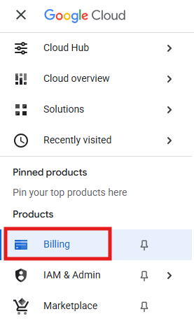 Google Cloud left menu with Billing highlighted