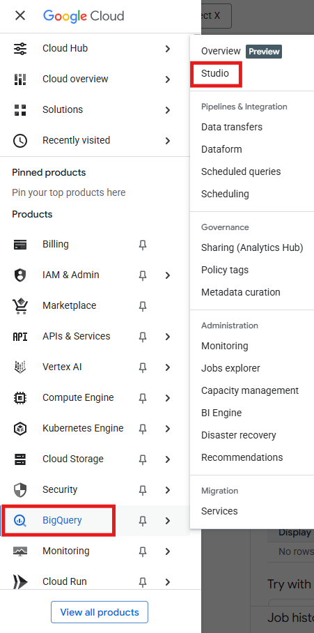 Google Cloud Console menu with BigQuery Studio highlighted and the correct project selected