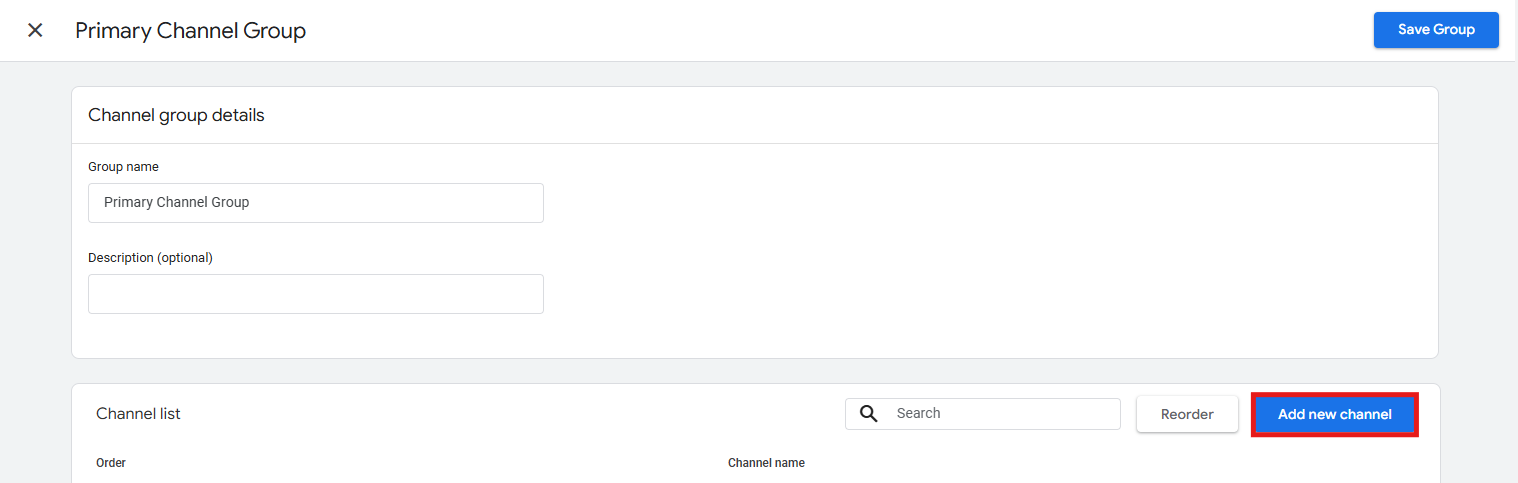 GA4 Default Channel Group editor with Add new channel button highlighted