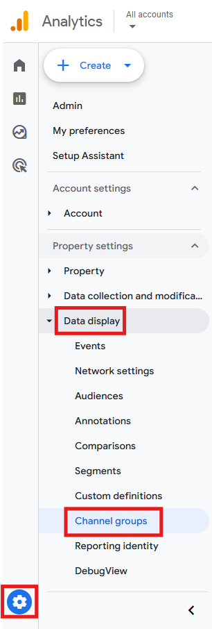 GA4 Admin panel showing the path to Channel groups under Data display