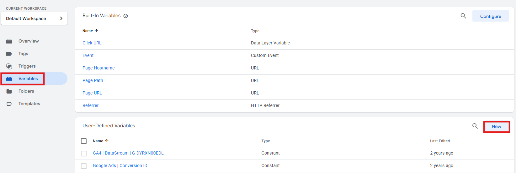 GTM Variables panel showing the New button under User-Defined Variables