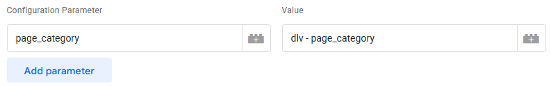 Event Parameters row showing parameter name field and variable icon for selecting the data layer variable