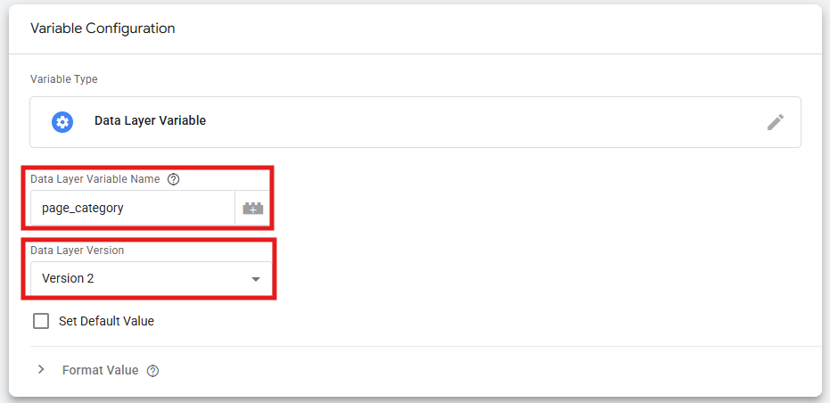 GTM Data Layer Variable Name field with page_category entered and Data Layer Version set to Version 2