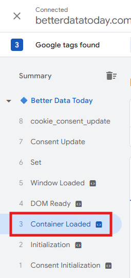 Tag Assistant window showing a list of events including Container Loaded