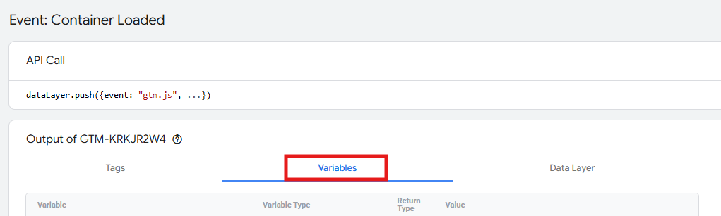 Tag Assistant Variables tab showing a list of variables including dlv – page_category