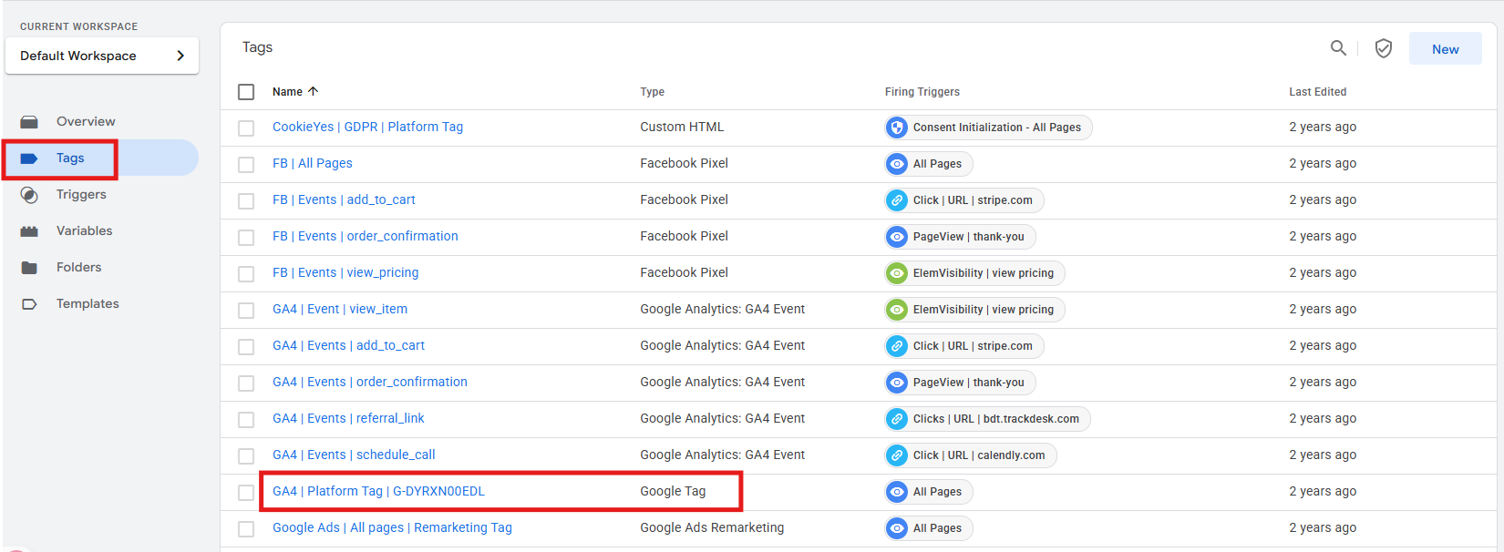 GTM Tags section showing a GA4 Event tag selected