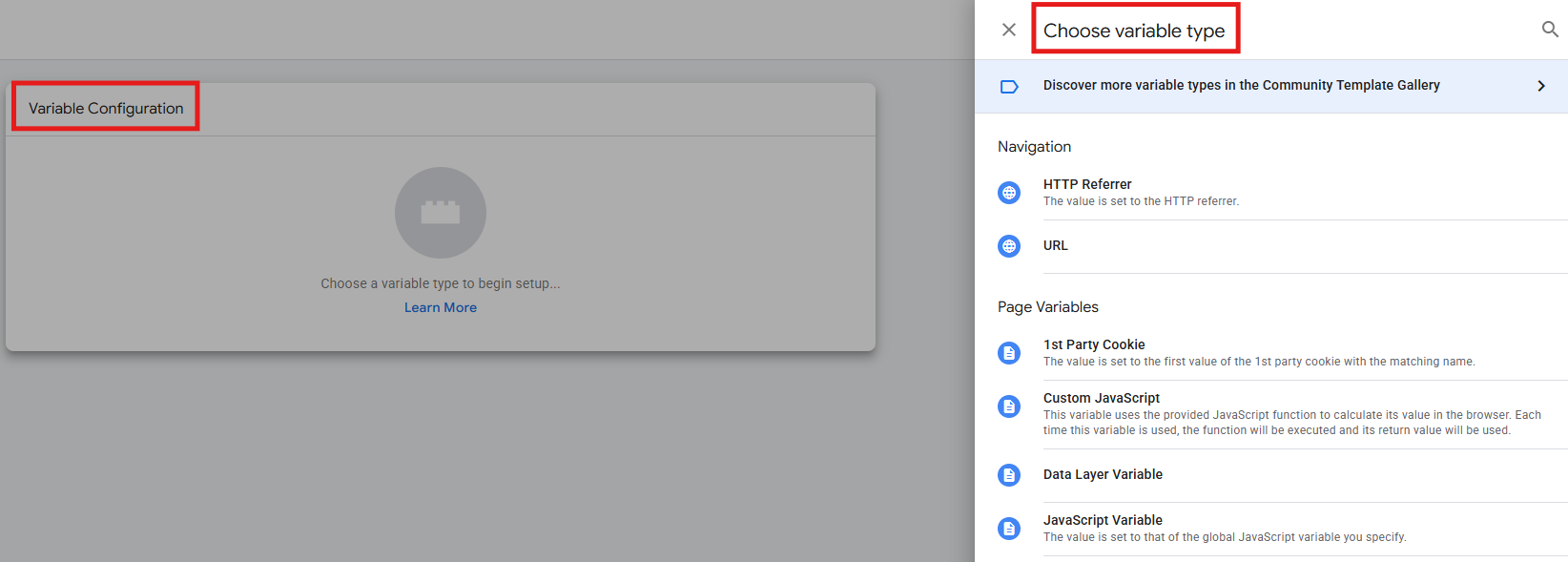 GTM Variable Configuration panel showing all available variable types