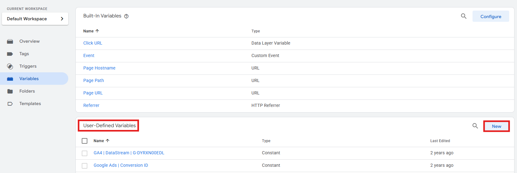 GTM User-Defined Variables section with New button highlighted